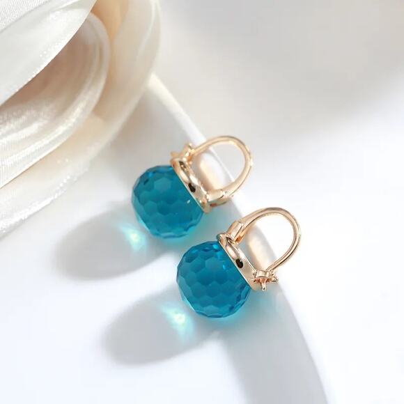 Spherical Faceted Crystal London Blue Topaz Rose Gold Tone Huggy Earrings - Picture 5 of 5